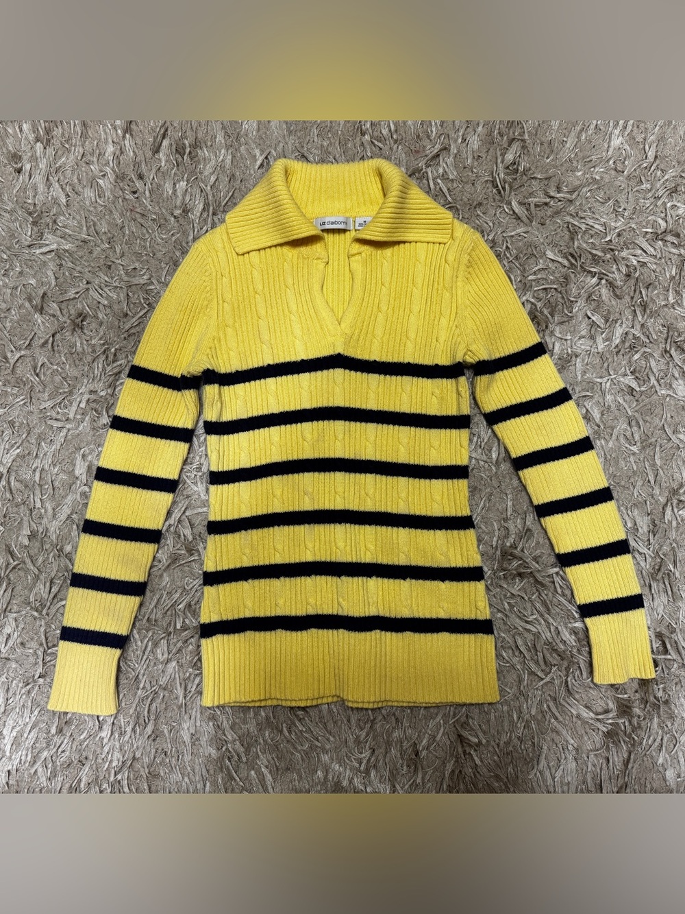 Liz Claiborne Yellow Black Striped Cable Knit Collared Pullover Sweater Size M
